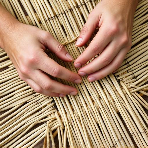 Artisan's hands weaving a sweetgrass basket, highlighting the traditional craft