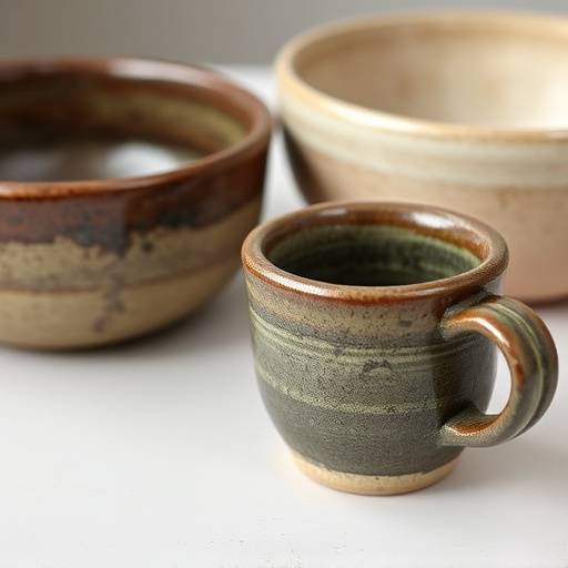 Close-up photograph of hand-thrown ceramic bowls and mugs with a rustic glaze