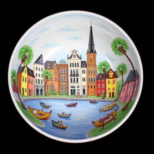 Hand-painted ceramic bowl with a Charleston cityscape design