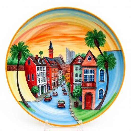 Hand-painted ceramic plate with a Charleston cityscape