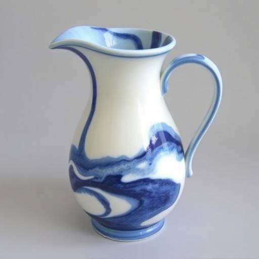 Handcrafted ceramic pitcher with a blue and white swirl pattern