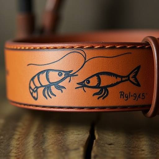 Handcrafted leather belt with a stamped design of shrimp boats