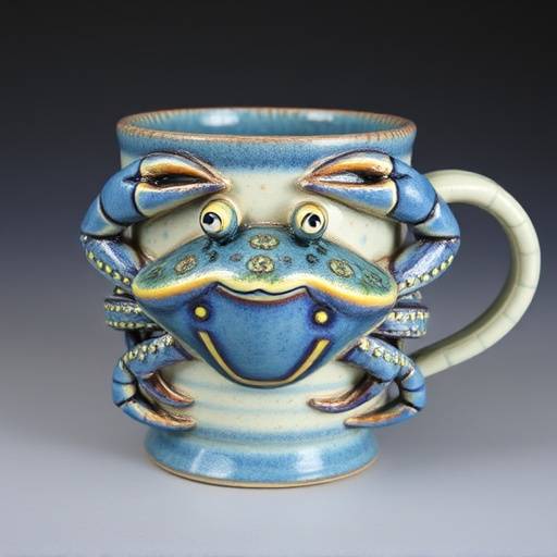 Handmade ceramic mug with a blue crab design