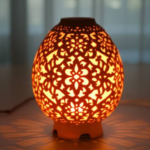 Large ceramic table lamp with intricate hand-carved detailing