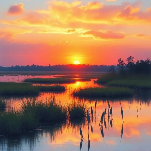 Original watercolor painting of a marsh scene at sunset