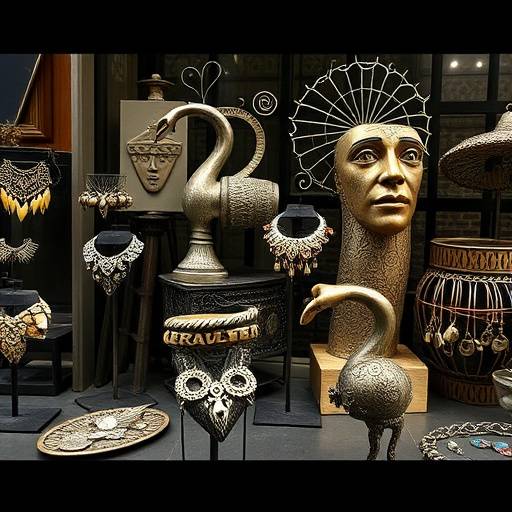 Photograph featuring handcrafted metal sculptures, decorative objects, and jewelry made by local metalworkers