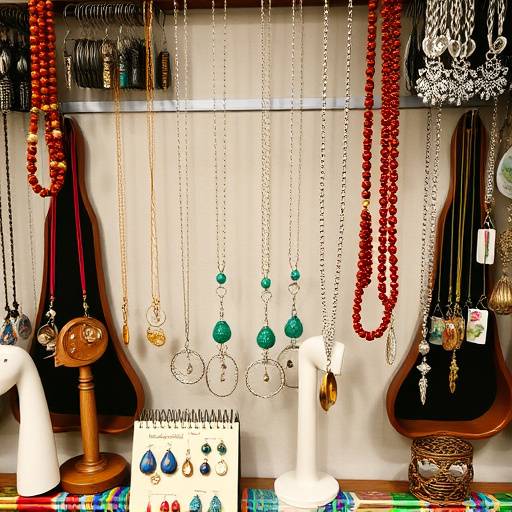 Photograph of a display of handcrafted necklaces, earrings, and bracelets with unique designs