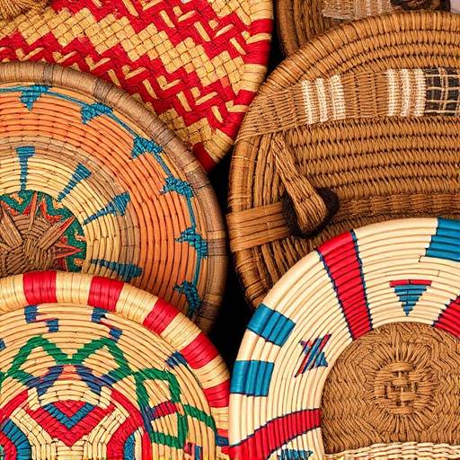 Photograph of a variety of handwoven baskets and textiles with colorful patterns