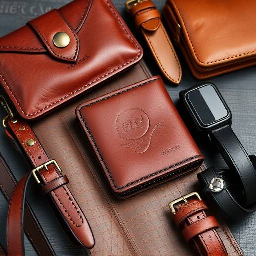 Photograph of handcrafted leather wallets, bags and belts, showcasing the textures and craftsmanship of leatherwork