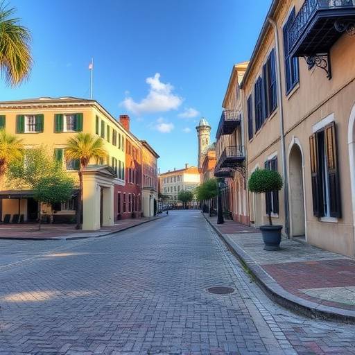 Photograph of the Charleston Historic District with historic buildings and cobblestone streets