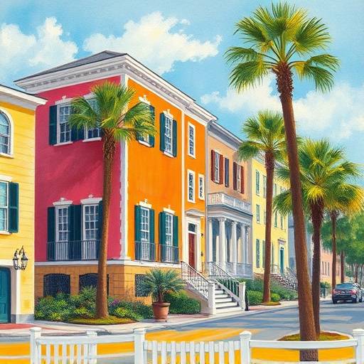 Photograph of vibrant paintings and prints depicting Charleston scenes and Southern landscapes