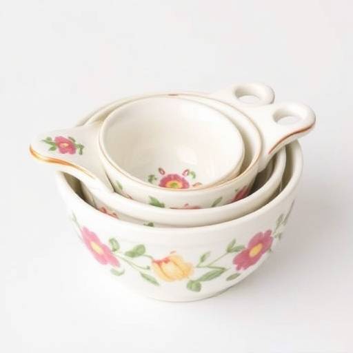 Set of ceramic measuring cups with floral designs, nesting inside each other