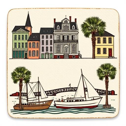 Set of six ceramic coasters with Charleston landmarks